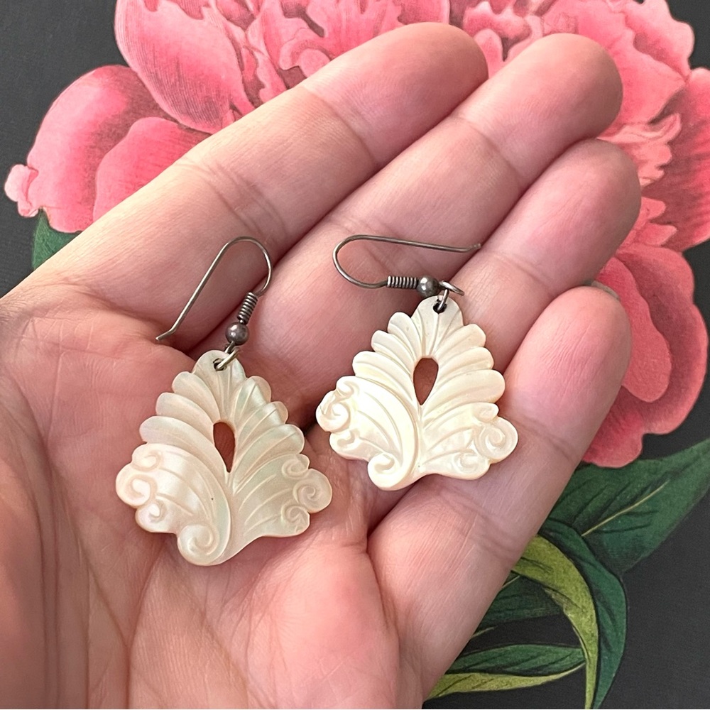 Carved vintage MOP dangle earrings boho festival fairycore